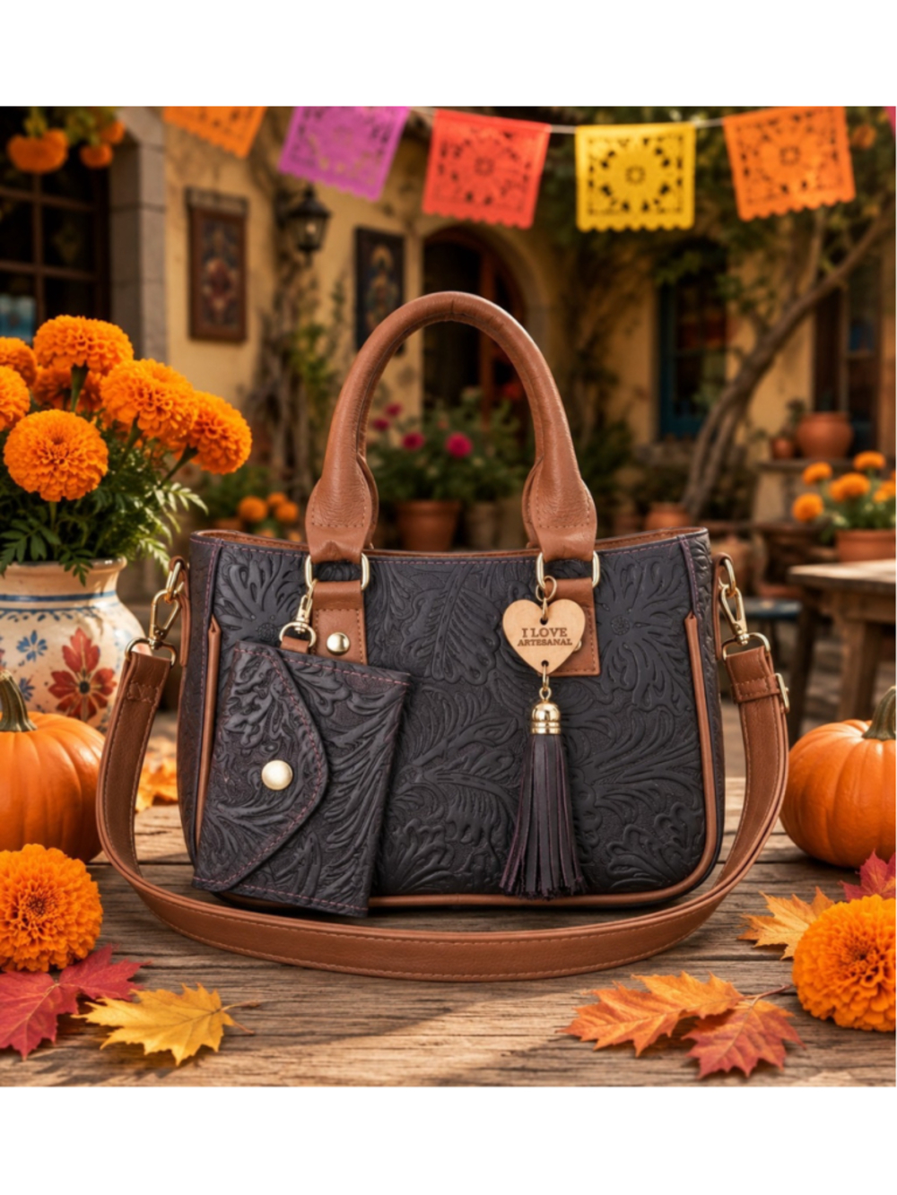 Autumn Purple Plum Tassel Floral Embossed Tooled Artisan LEATHER Crossbody Bag